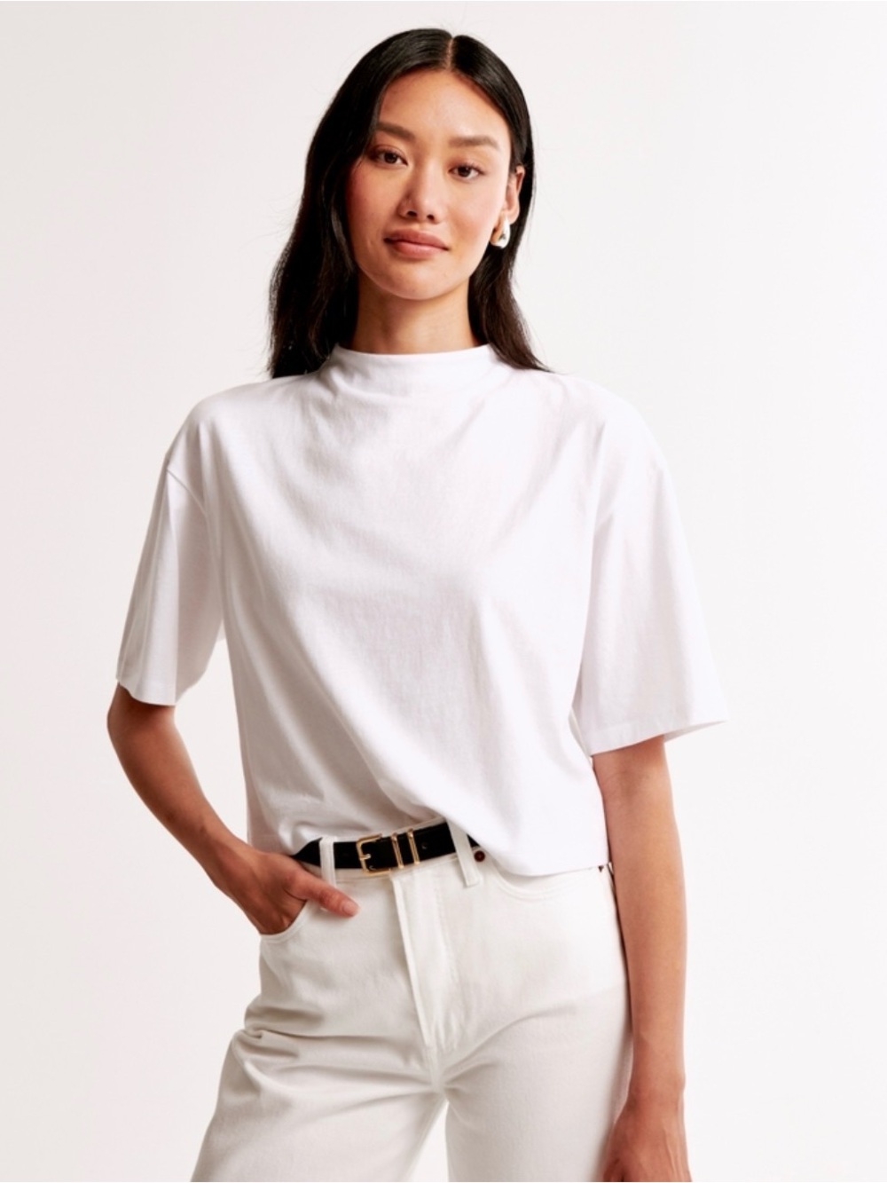 NWT - A&F - Essential Premium Polished Half-Sleeve Mockneck Tee - White